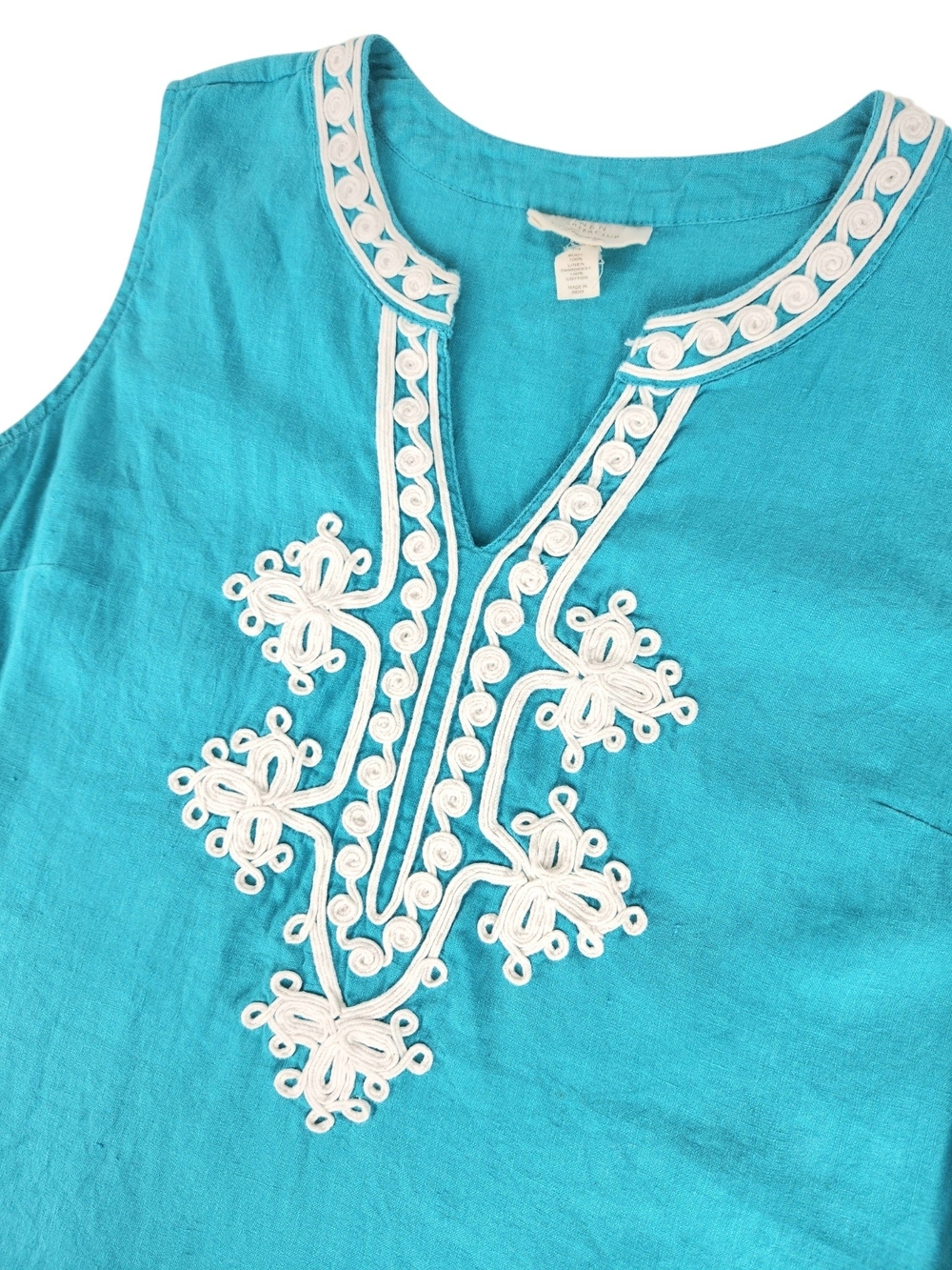 Charter Club Luxury 100% Linen Embroidered Sleeveless Tunic Top Teal Coastal Med - Picture 6 of 12